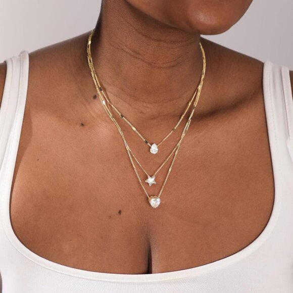 Layered Gold Necklace for Women Cubic Zirconia Star Heart Teardrop Pendant Chain - Picture 3 of 6